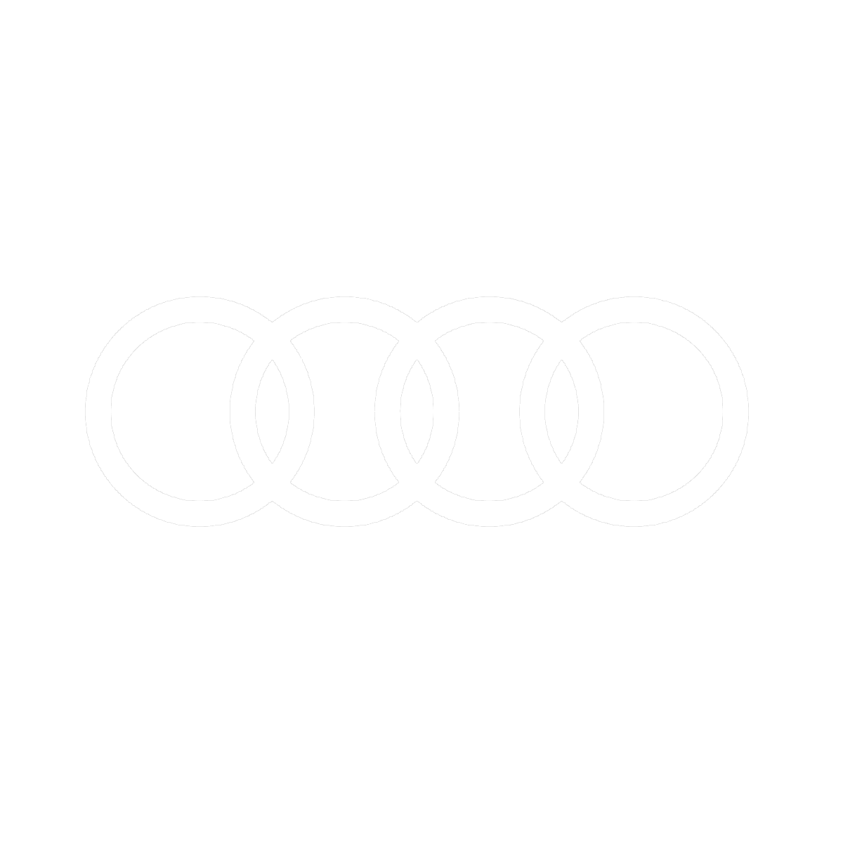 Audi-Logo_white Ein weiĂer Umriss von vier ineinander greifenden Ringen, die in einer horizontalen Reihe angeordnet sind, dargestellt auf einem transparenten Hintergrund.