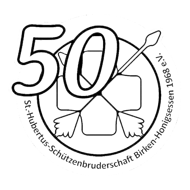 St. Hubertus Schützenbruderschaft_logo Ein kreisförmiges Logo mit der Zahl 50, einem stilisierten vierblättrigen Kleeblatt und einem Pfeil. Der Text um den Kreis lautet St.-Hubertus-Schützenbruderschaft Birken-Honigsessen 1968 e.V.
