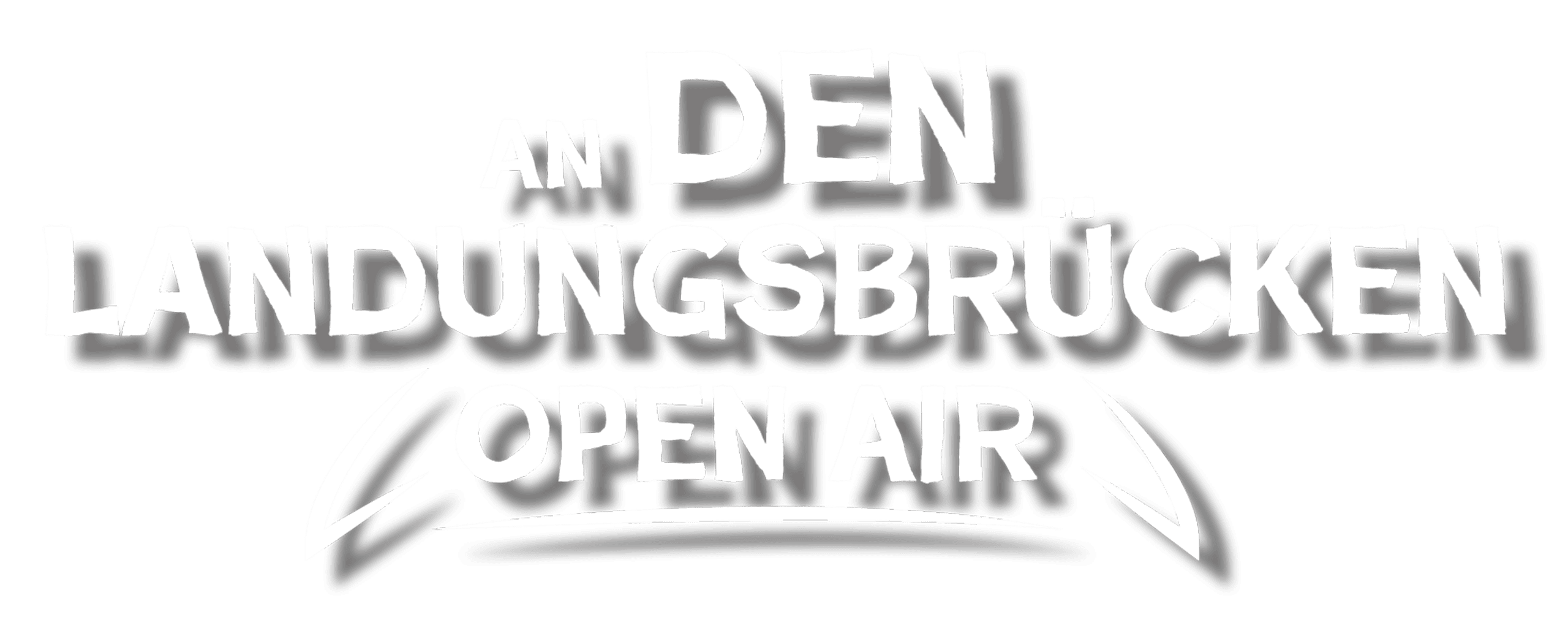 Der weiße Text auf schwarzem Hintergrund lautet An den Landungsbrücken Open Air mit zwei gebogenen Pfeilen unter den Worten Open Air.