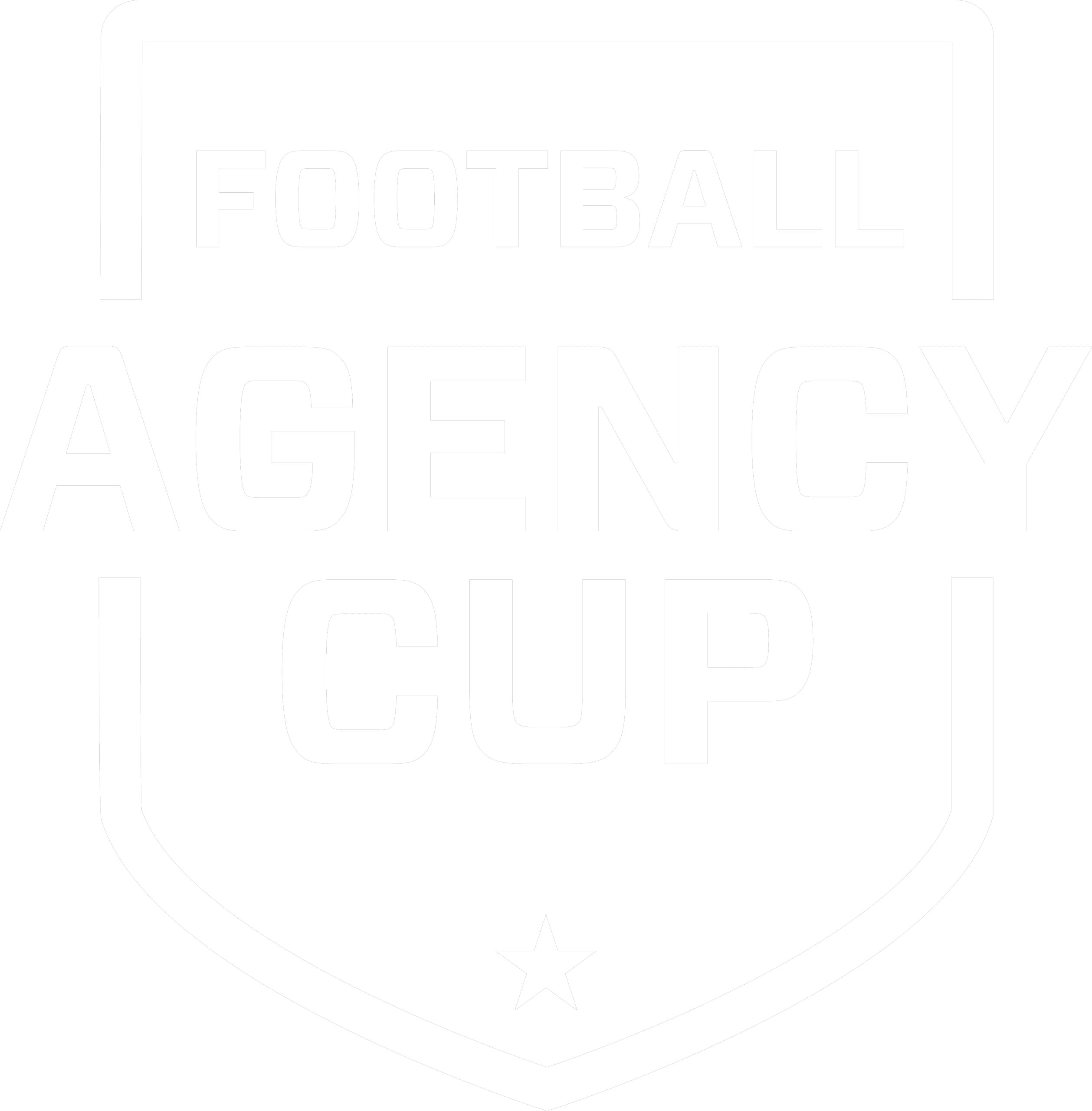 Ein schwarz-weißes Logo in Form eines Schildes mit dem Schriftzug Football Agency Cup in fetten Buchstaben und einem einzelnen Stern am unteren Rand.