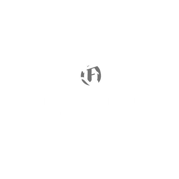 Graues und weißes Logo für Ficken Liquors mit einem stilisierten Drachen, der den Buchstaben F über dem Markennamen in Großbuchstaben umkreist, alles vor einem hellgrauen Hintergrund.