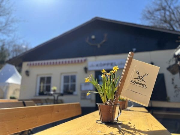 Ein kleiner Metalltopf mit gelben Blumen und einem Schild mit der Aufschrift Köppel steht auf einem Holztisch im Freien, mit einem Gebäude und einem klaren blauen Himmel im Hintergrund. Das Foto ist bei hellem Sonnenlicht aufgenommen.