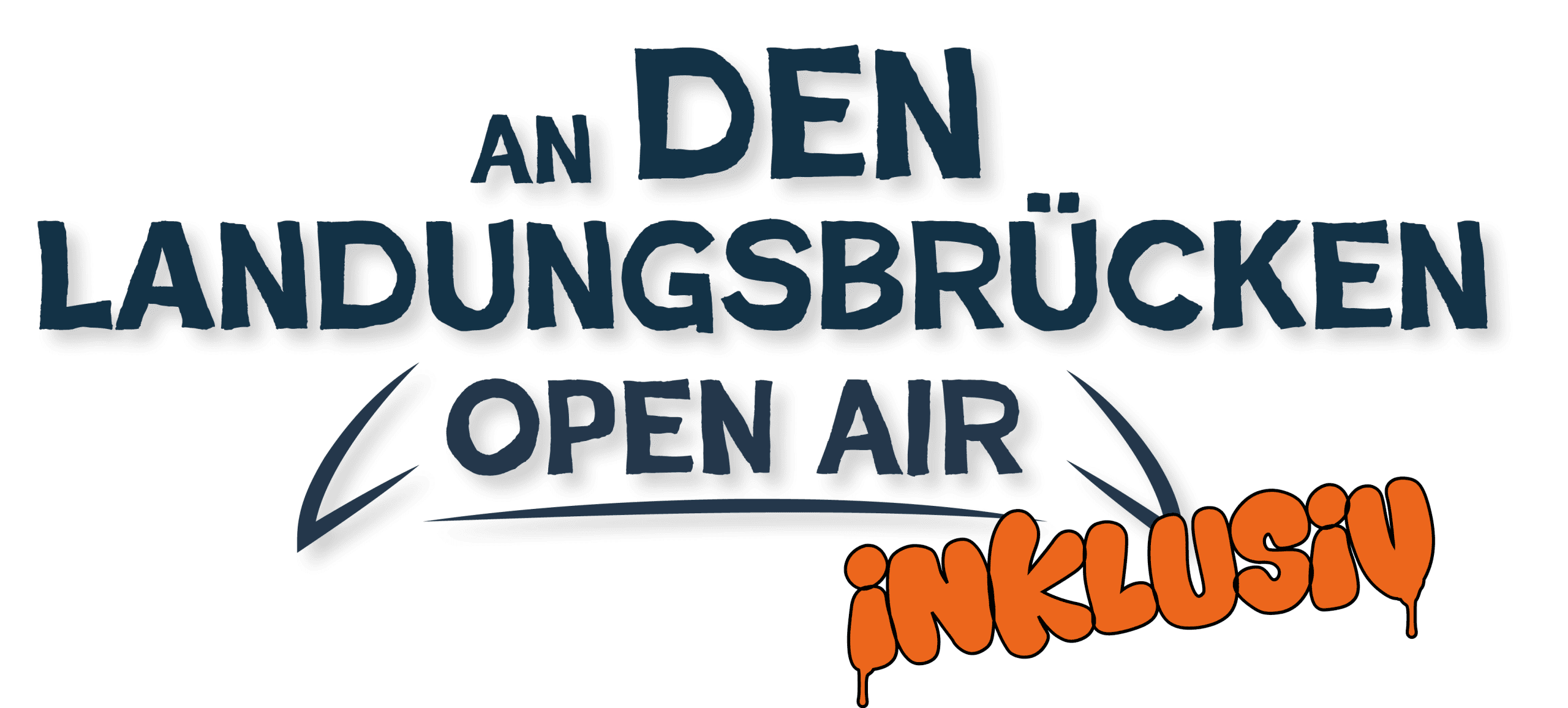 Textgrafik mit den Worten An den Landungsbrücken Open Air in dunkelblauen Großbuchstaben und inklUSiv in orangefarbenem, stilisiertem Text unten rechts.