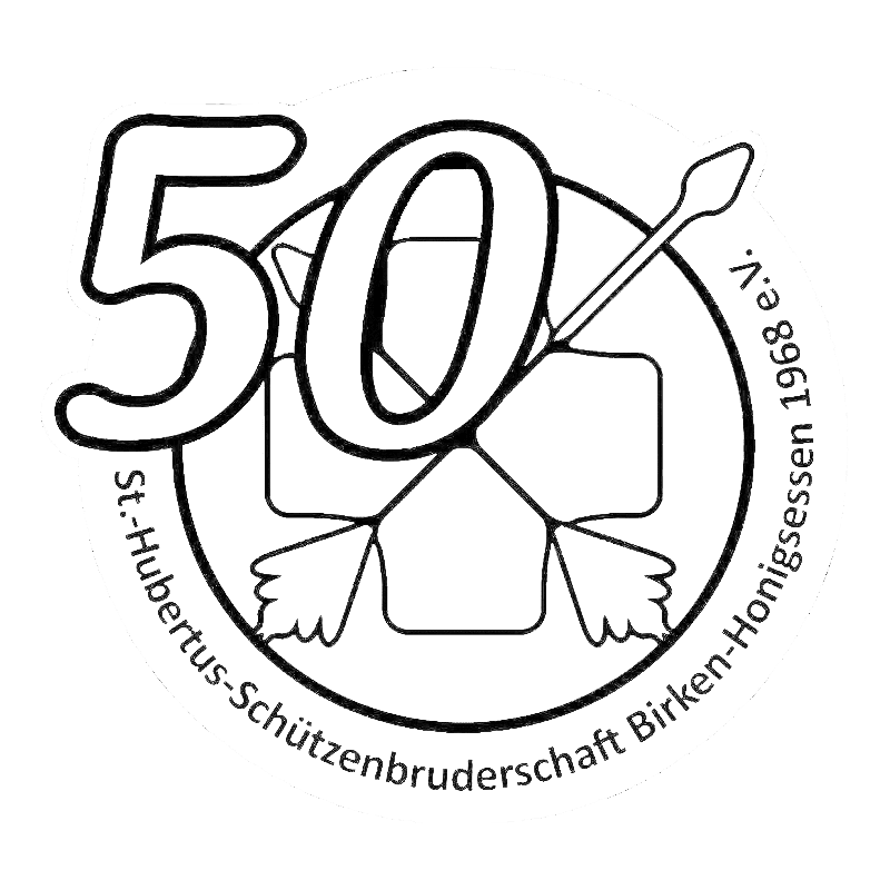 Ein kreisförmiges Logo mit der Zahl 50, einem stilisierten vierblättrigen Kleeblatt und einem Pfeil. Der Text um den Kreis lautet St.-Hubertus-Schützenbruderschaft Birken-Honigsessen 1968 e.V.