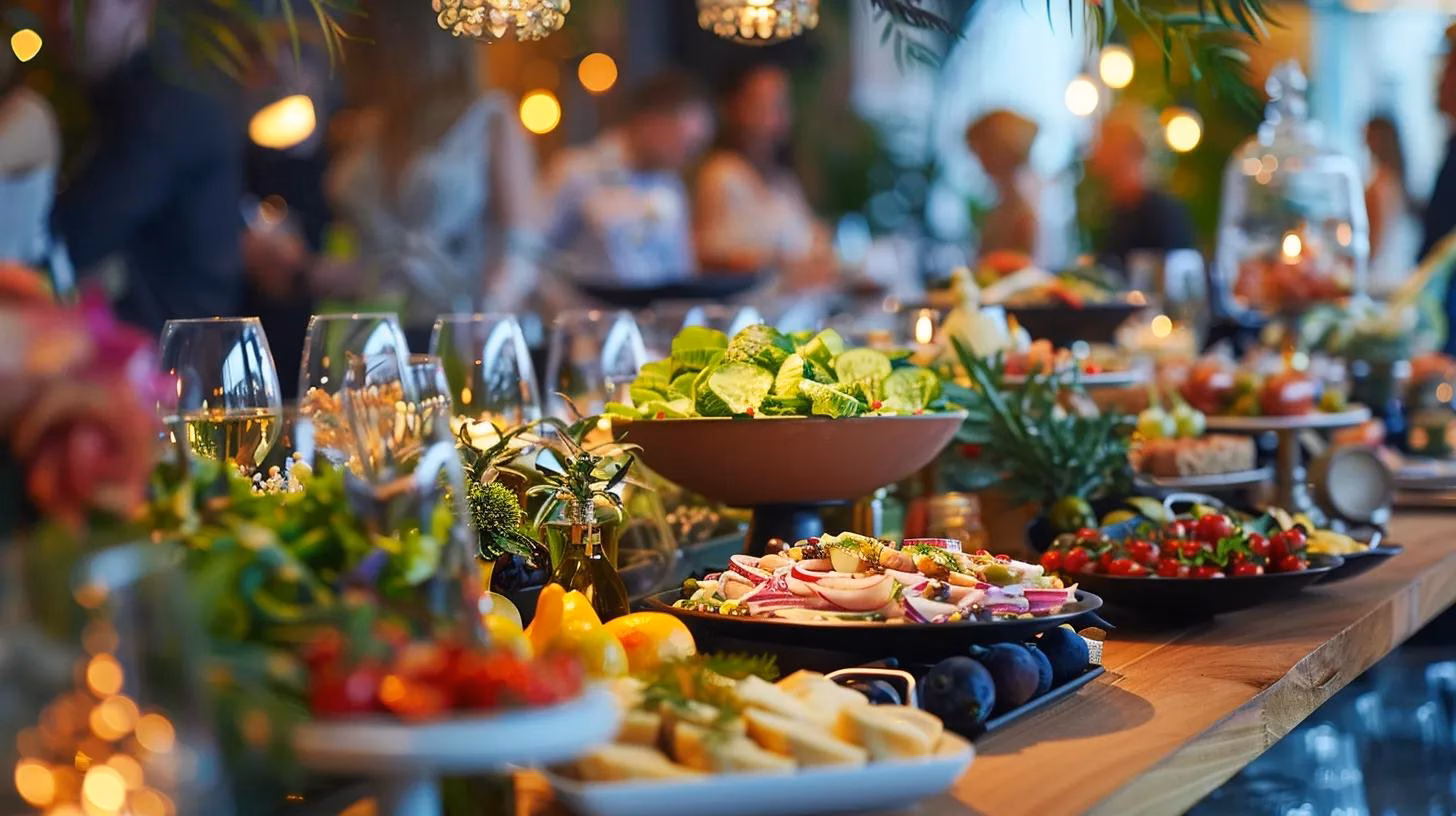 Ein Buffet mit verschiedenen Gerichten, darunter Salate, Obst, Käse und Gemüse, ist in einem gut beleuchteten Raum aufgebaut. Auf dem Tisch stehen mehrere Gläser und dekorative Pflanzen, im Hintergrund sind unscharfe Menschen zu sehen.