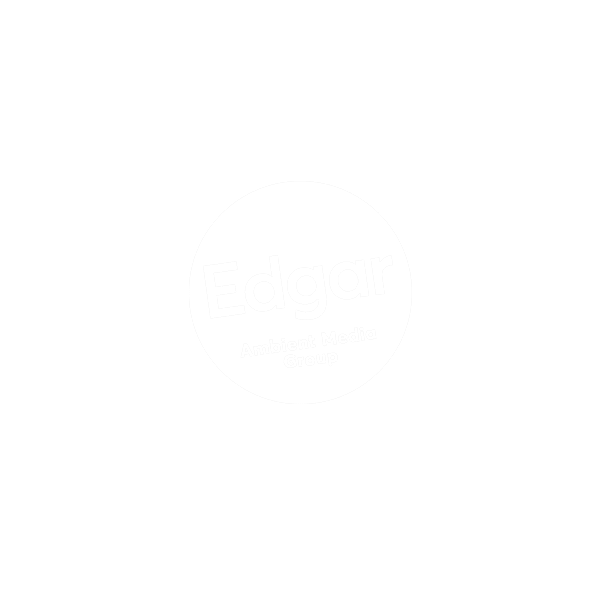 Ein weißer Kreis mit dem schwachen Text Edgar Ambient Media Group in der Mitte, vor einem hellgrauen Hintergrund.