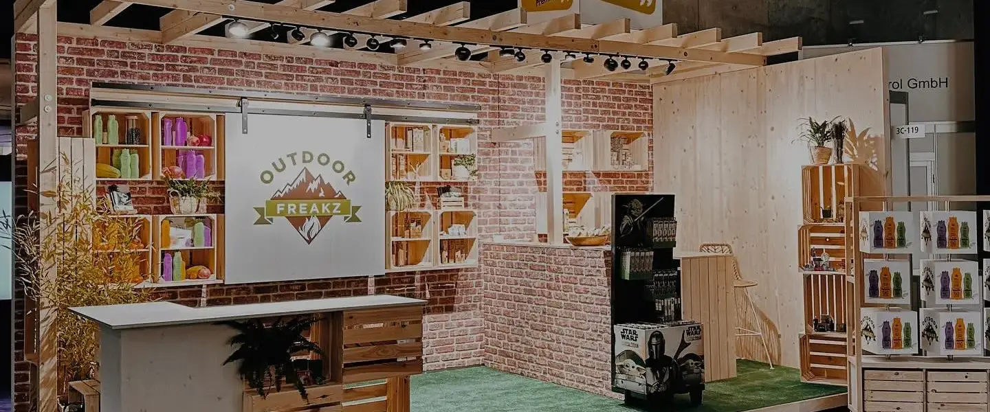 Ein hölzerner Messestand mit Regalen mit Outdoor-Flaschen und -Ausrüstung, einer Wand mit Ziegelsteinmuster, Kunstrasenboden und Bannern mit der Aufschrift Outdoor Freakz und Unser Mission.